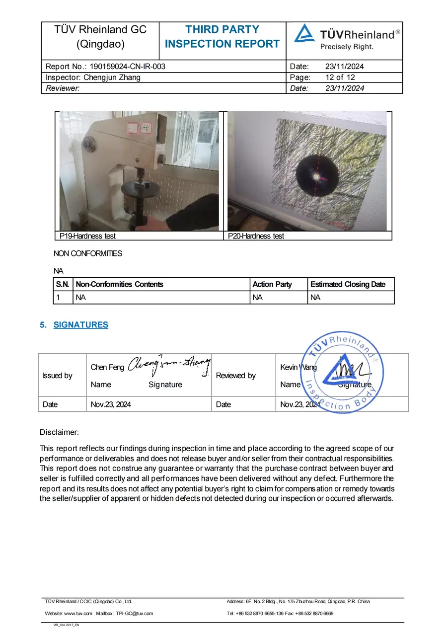 TÜV Rheinland third-party inspection — hardness testing and report signatures