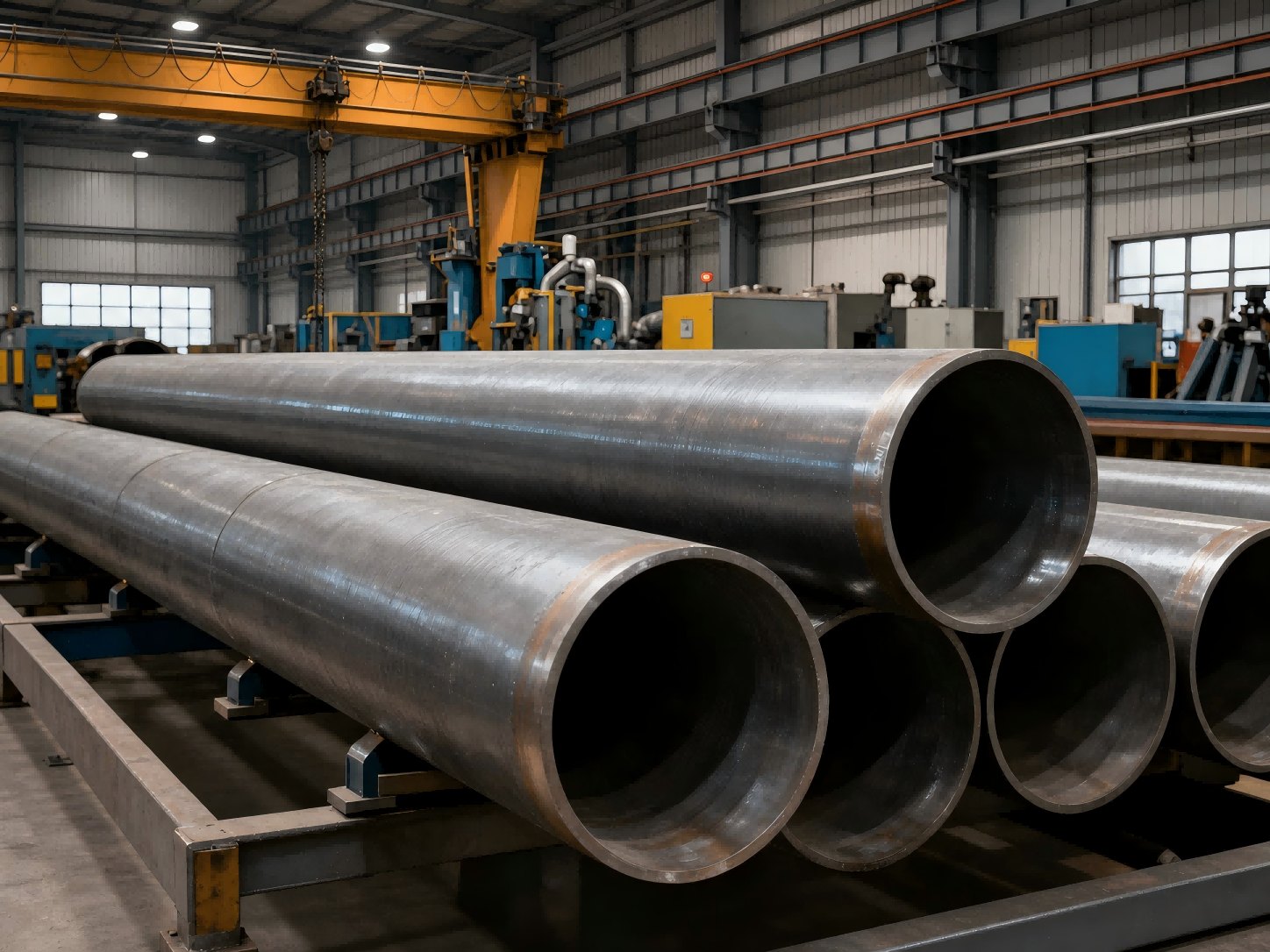 Seamless steel tubes stacked on racks at the production base — structural and hydraulic tubing for crane builders